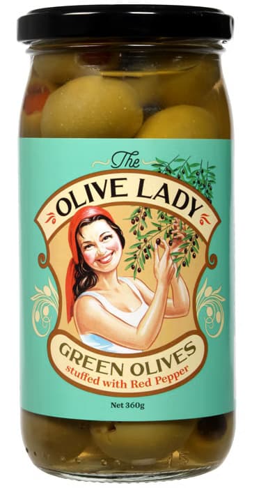 The Olive Lady Green Olives Stuffed with Red Pepper