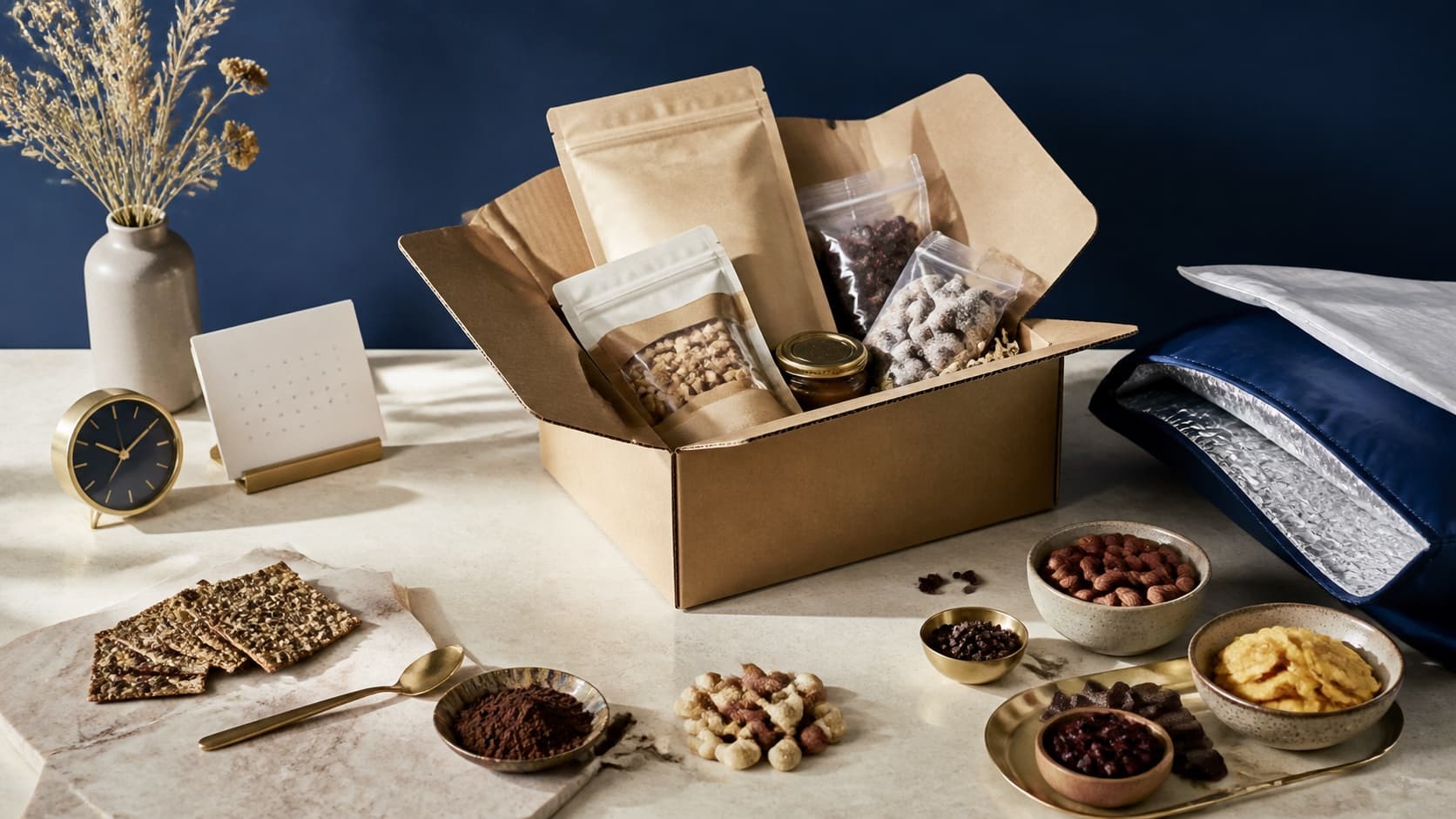 Additive-free snacks and ingredients arranged beside an ecommerce shipping carton, clock and insulated packaging