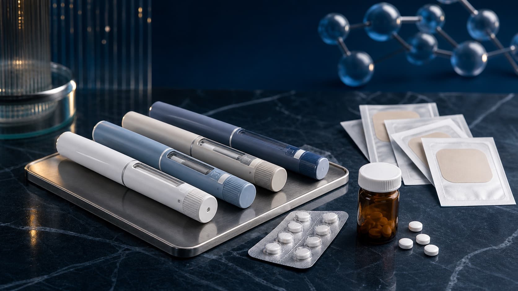An assortment of unbranded injection pens, oral tablets and separately presented adhesive wellness patches