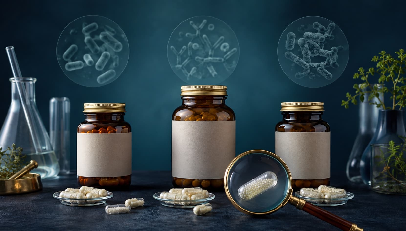 Unbranded probiotic supplement bottles and capsules arranged beneath magnified views of different bacterial cultures